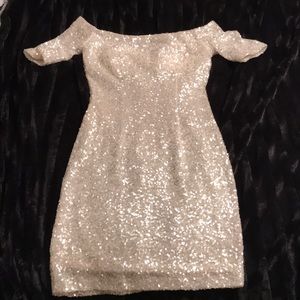Ivory sequin off the shoulder mini dress